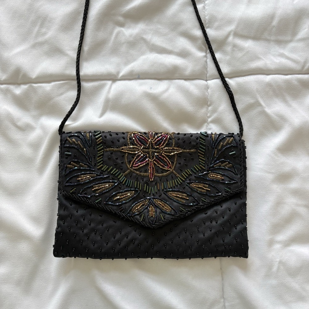Vintage Beaded Crossbody Handbag Purse Envelope 80s 90s Black Luxury Designer